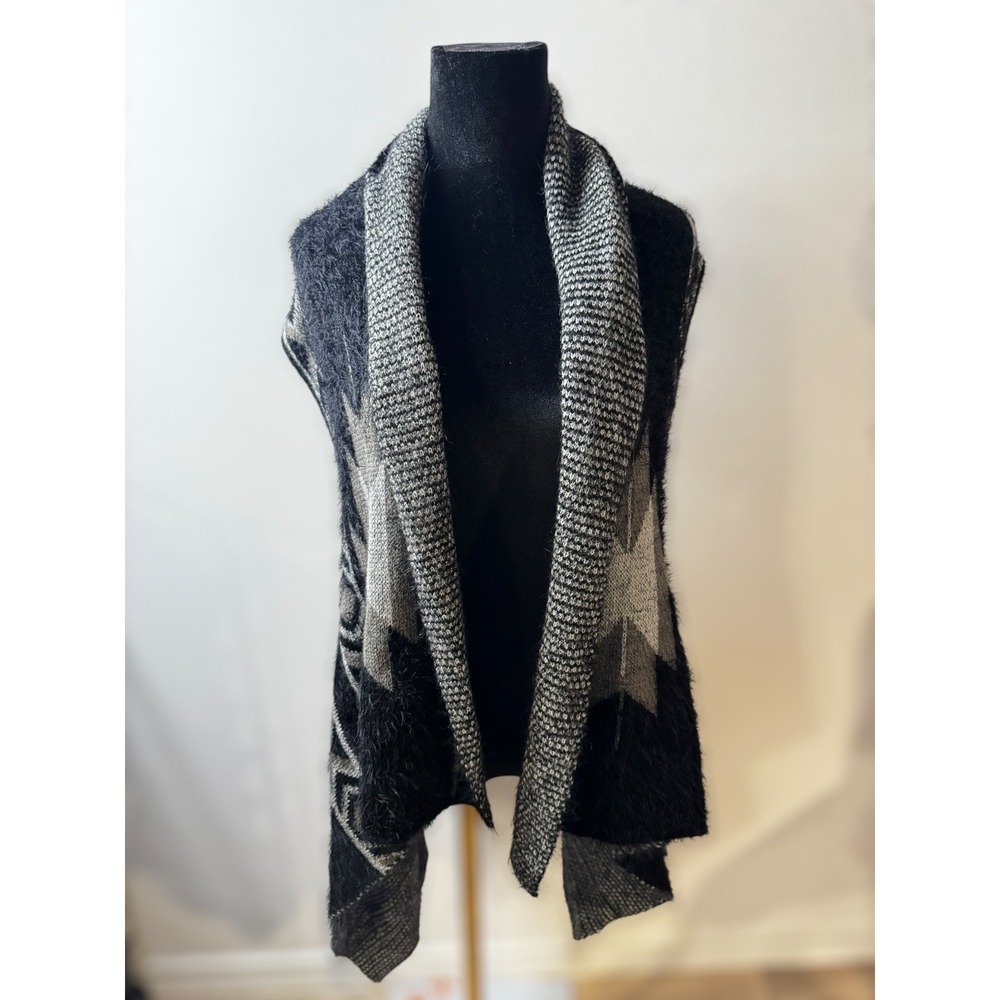 Vintage Retro Womens Geometric Print Fuzzy‎ Open Sleeveless Cardigan Vest Grunge